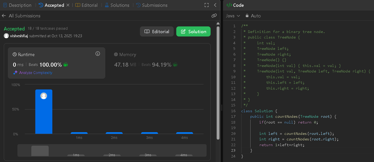 Vishesh_DS's tweet image. Day 72 of #100DaysOfCode

🎯 Solved &quot;222. Count Complete Tree Nodes&quot;(Easy)
✅ Time complexity is O(n).
- Couldn&apos;t find an approach of less than O(n).😖 
#LeetCode #DSA #Java #CodingJourney #LearnInPublic
