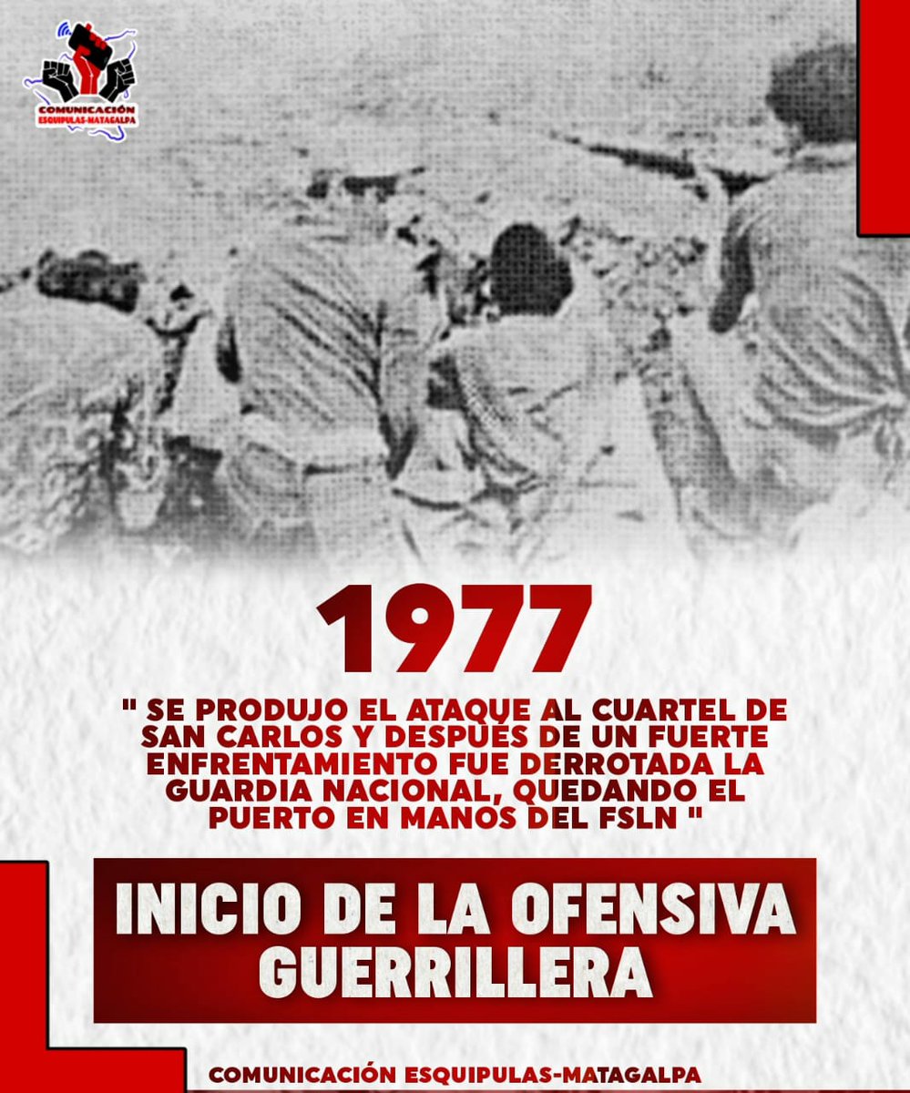 💥La ofensiva Octubre de 1977, hace 48 años, se produjo el ataque al cuartel de San Carlos, fue una de las acciones de #OctubreVictorioso, que encendió la mecha de la ofensiva ininterrumpida.   

<a href="/BetetaGaby/">Beteta Gaby🇳🇮</a>
<a href="/RDRFSLN_/">RDRFSLN_🇳🇮❤🖤</a>
<a href="/PortoSandinista/">Porto Sandinista ❤🖤</a>

#UnidosEnVictorias