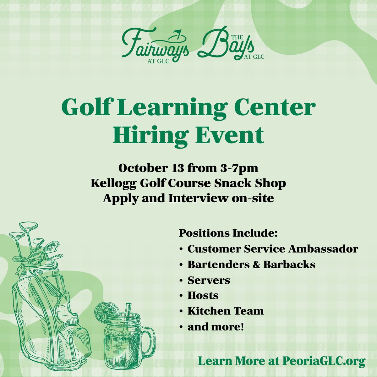 🚨 TONIGHT! 🚨

Stop by the Kellogg Golf Course Snack Shop between 3–7pm to learn about open positions, apply + interview on the spot!

👉 Learn more at PeoriaGLC.org
#NowHiring #PeoriaParkDistrict #FairwaysAtGLC #TheBaysAtGLC #PeoriaJobs