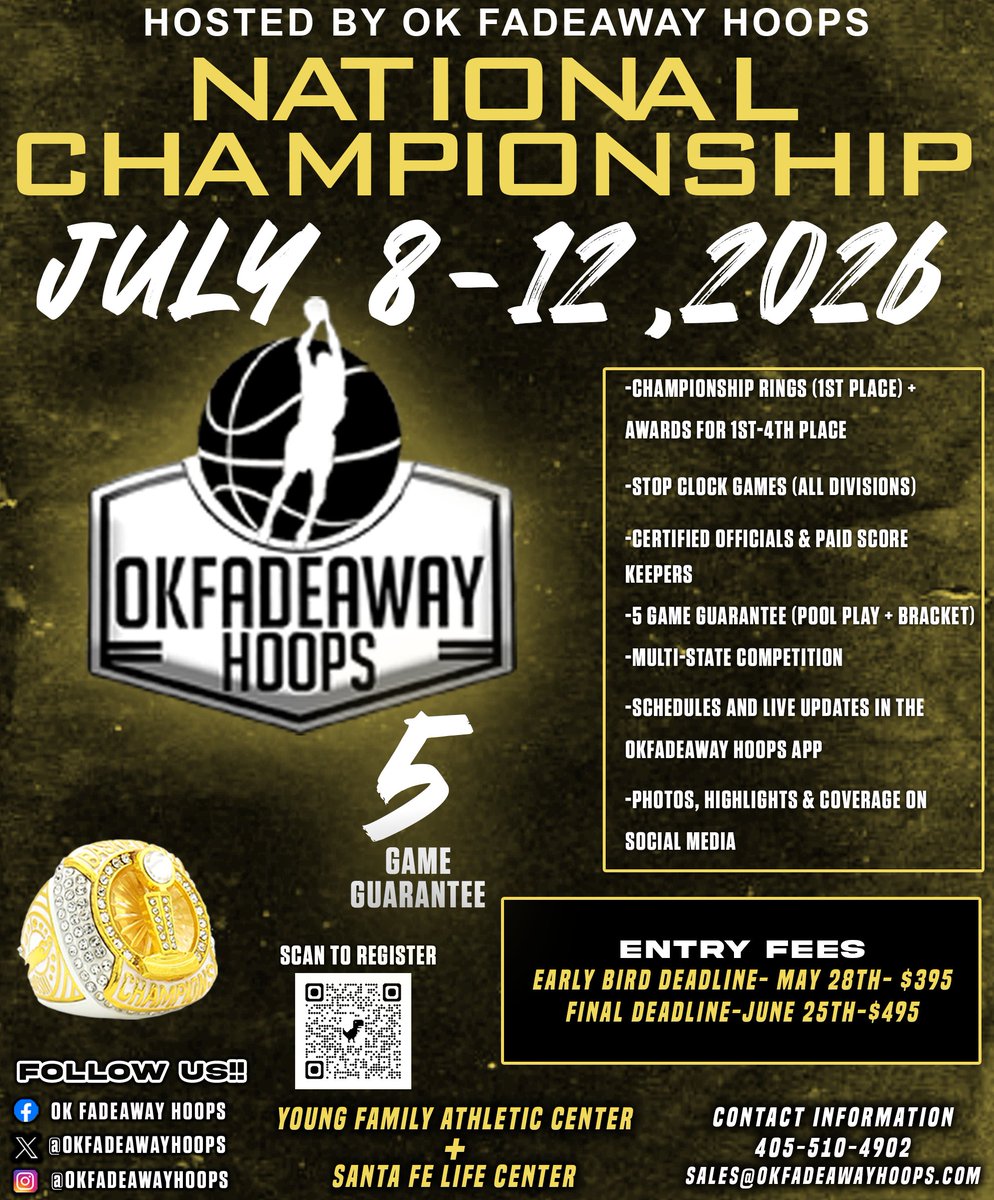 The 2025–2026 OK Fadeaway Hoops Schedule is LIVE!
🏆 Rings for Champs
⏱️ Shot Clocks at YFAC (6th+)
💪 D1 = Elite / Advanced
⚡ D2 = Competitive / Developing
📅 Nationals: July 8–12, 2026 | OKC &amp; Norman
👉 Link in bio for registration info
#FadeOrGetFaded