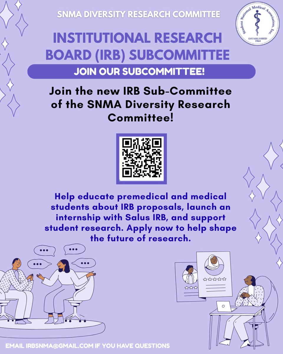 SNMA's tweet image. 🧬 SNMA’s Diversity Research Committee is launching a new IRB Sub-Committee!
Help educate students on IRB proposals, support research, &amp;amp; help launch an internship with Salus IRB.

📢 Apply now to help shape the future of research!
#SNMA #ResearchEthics #MedicalStudents