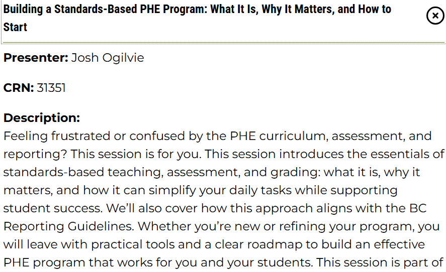 joshogilvie4's tweet photo. Getting excited to lead this session on creating a #StandardsBased #PhysEd program at the annual @PHEinBC conference (in session 1). #BCED spots are filling fast, so don't miss out.
#StandardsBasedGrading #PE #Assessment
Register: https://t.co/JTHN0eBb0n https://t.co/COzvRAAqZA