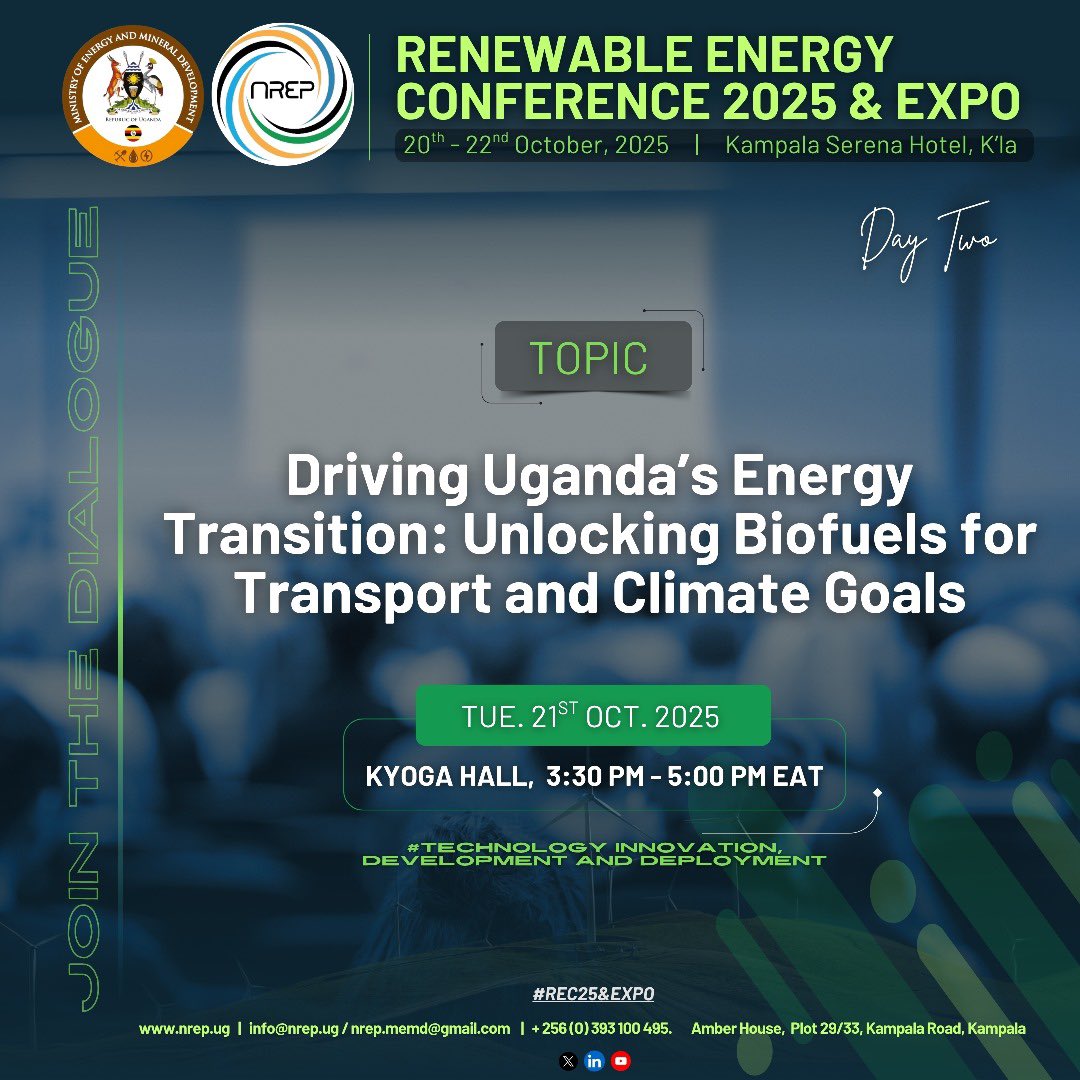 Biofuels are a key driver of Uganda’s energy transition by reducing fossil fuel dependence and transport emissions.

This session at #REC25 will unpack progress in blending facilities, discuss policy and investment opportunities, and explore sustainable feedstock sourcing and