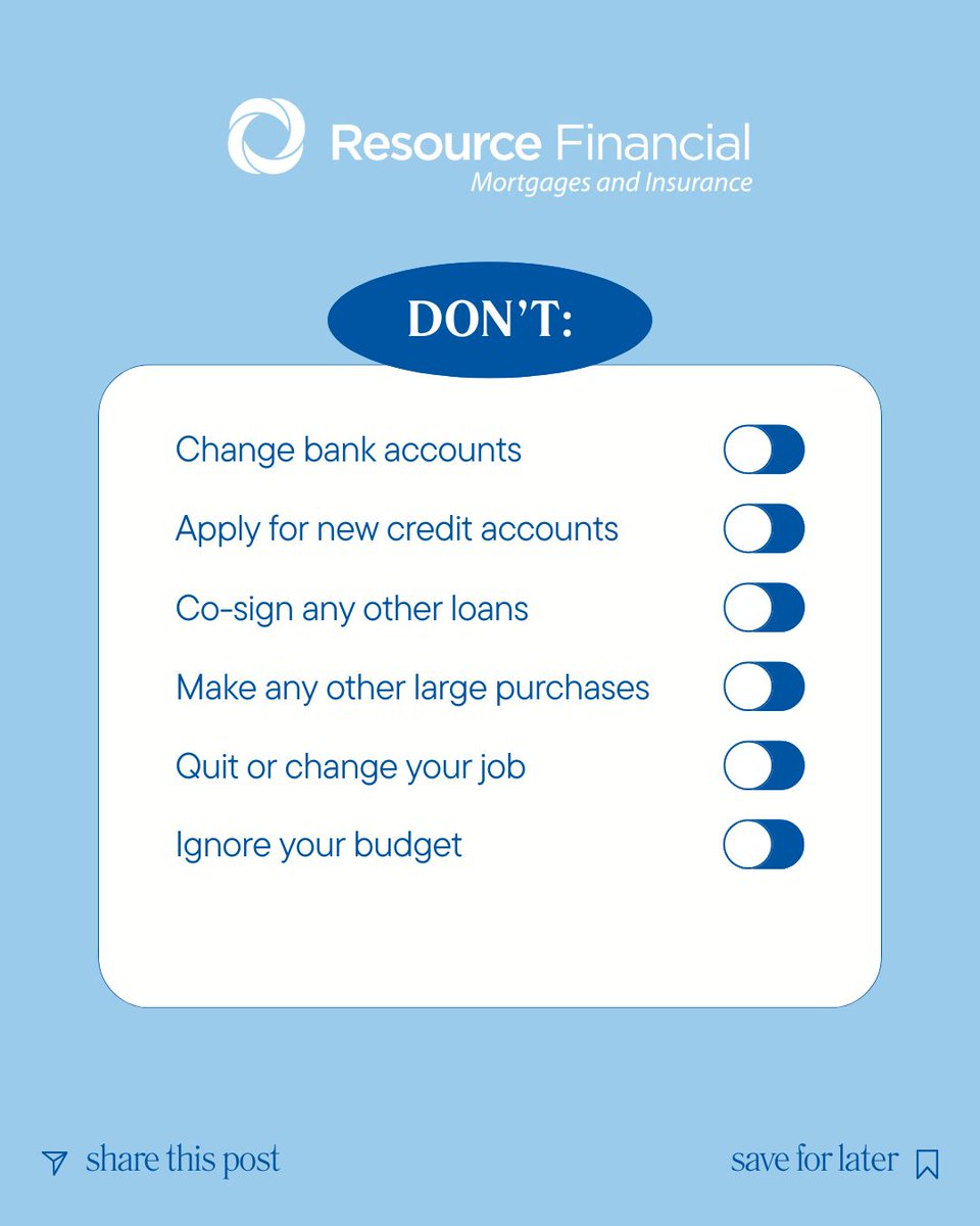 ResourceFS's tweet image. You’re approved—almost! 🏡✅
Avoid these common mistakes and follow these simple do’s to keep your mortgage on track.
Your Resource Financial lender is here to guide you every step of the way.  

#MortgageTips #HomeBuying #MortgageAdvice #HomeLoan #FinancialGuidance #RFS