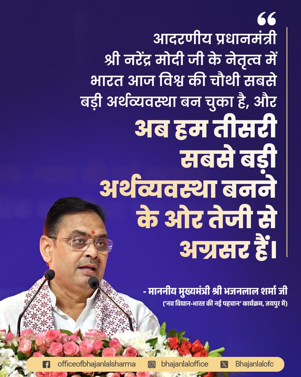Office Of Bhajan Lal Sharma (@bhajanlalofc) on Twitter photo "आदरणीय प्रधानमंत्री श्री नरेन्द्र मोदी जी के नेतृत्व में भारत आज विश्व की चौथी सबसे बड़ी अर्थव्यवस्था बन चुका है, और अब हम तीसरी सबसे बड़ी अर्थव्यवस्था बनने के ओर तेजी से अग्रसर हैं।"
~ माननीय मुख्यमंत्री श्री भजनलाल शर्मा जी
<a href="/BhajanlalBjp/">Bhajanlal Sharma</a>
#भारतीय_न्याय_संहिता "आदरणीय प्रधानमंत्री श्री नरेन्द्र मोदी जी के नेतृत्व में भारत आज विश्व की चौथी सबसे बड़ी अर्थव्यवस्था बन चुका है, और अब हम तीसरी सबसे बड़ी अर्थव्यवस्था बनने के ओर तेजी से अग्रसर हैं।"
~ माननीय मुख्यमंत्री श्री भजनलाल शर्मा जी
<a href="/BhajanlalBjp/">Bhajanlal Sharma</a>
#भारतीय_न्याय_संहिता