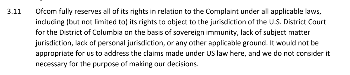 prestonjbyrne's tweet image. I add that Ofcom, in its fine decision, reserved the right to hide behind sovereign immunity to escape accountability in the US courts. 

So my clients don&apos;t benefit from the First Amendment, but Ofcom gets to benefit from FSIA?

Congress should fix.