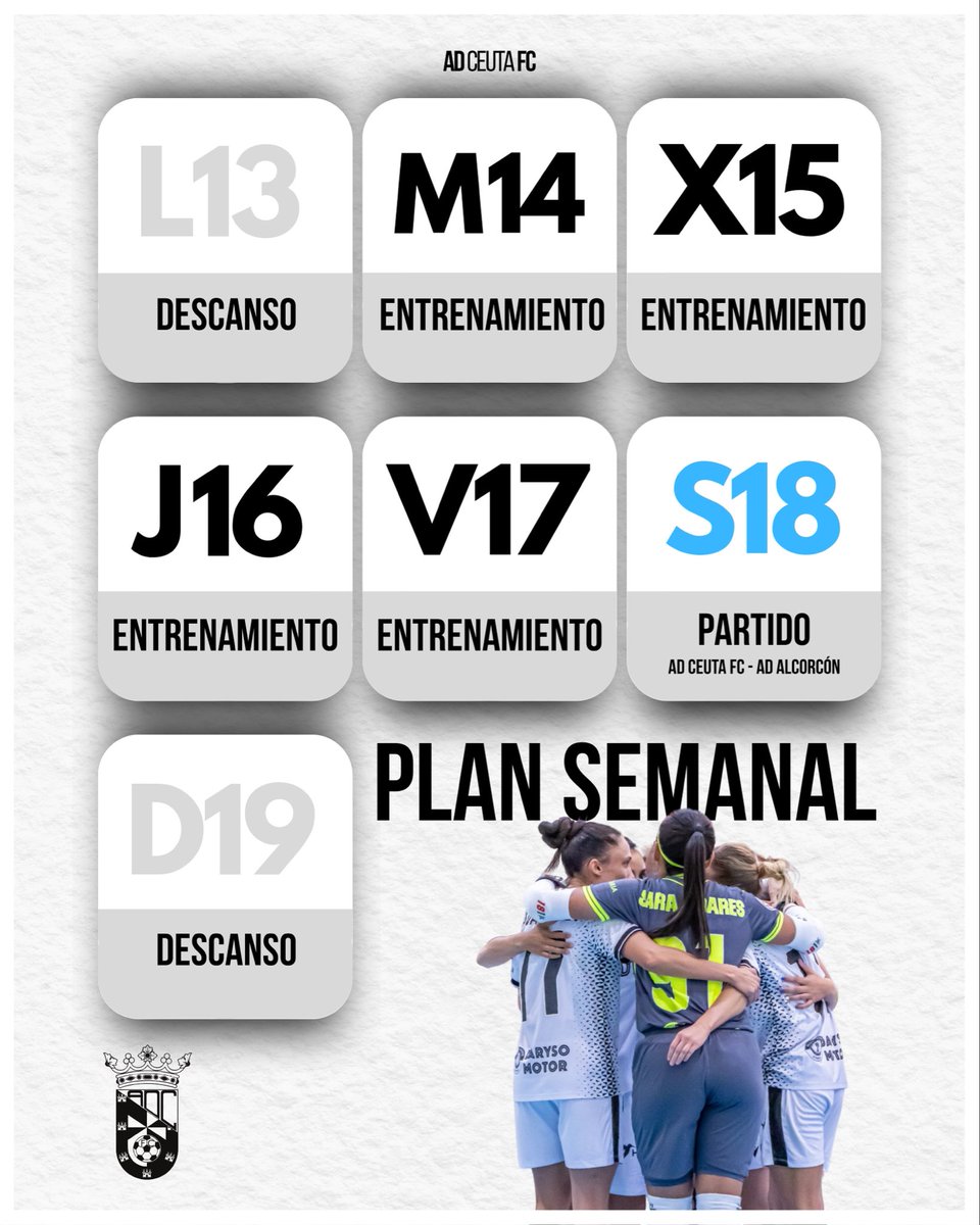 📅 Plan semanal | Jornada 7

⚪️⚫️ AD Ceuta FC 🆚 💛💙 Arriva AD Alcorcón

Nueva semana de trabajo con la mente puesta en el próximo reto.
Seguimos preparándonos para la Jornada 7, donde nos mediremos a un gran rival.