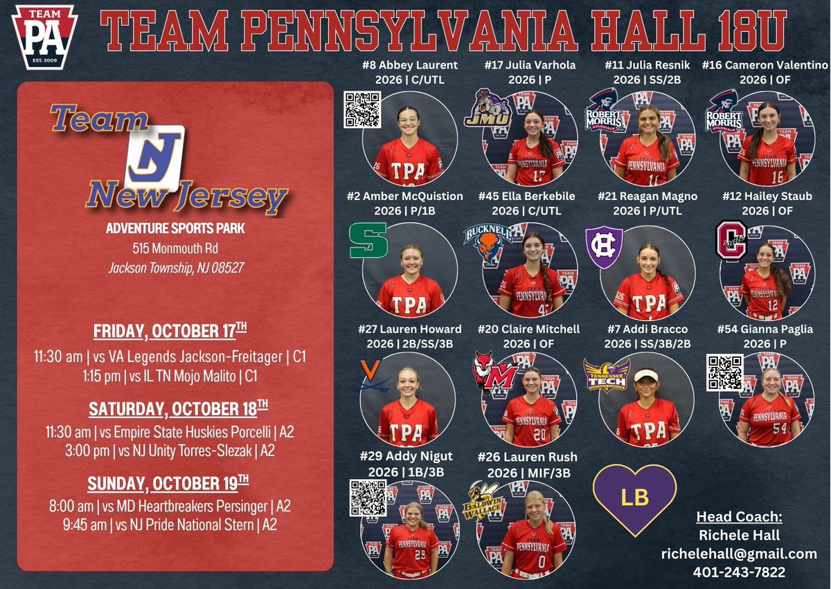 Team PA Hall 18u first outing of the fall after coming off an incredible summer season!! 

They are refreshed and ready to compete!! 💪💪

3 - 2026 athletes remaining!! 

<a href="/AbbeyLaurent26/">Abbey Laurent (2026)</a> - C/UTL
<a href="/gpaglia_54/">Gianna Paglia 2026</a> - RHP 
<a href="/AddyNigut/">addy nigut</a> - 1B/3B

Come see us Coaches!! 

#teampaproud