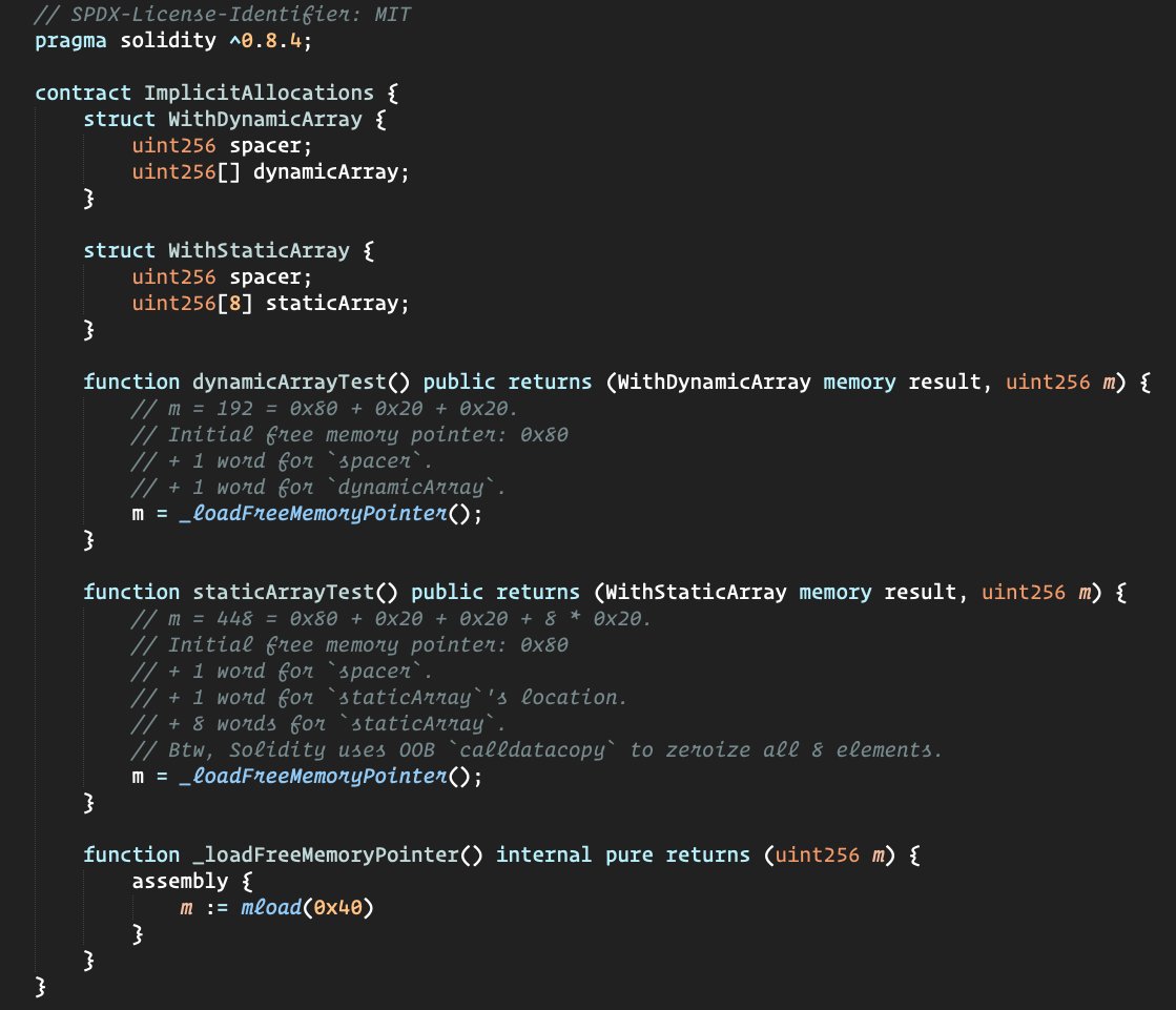 optimizoor's tweet image. Solidity memory lesson 9 (for Fantasy top fans):

Implicit memory allocation of dynamic vs static arrays.

- Dynamic array is initialized to 0x60, pointing to the zero pointer. No memory is allocated.
- Static array is initialized by setting it to the location of newly allocated…