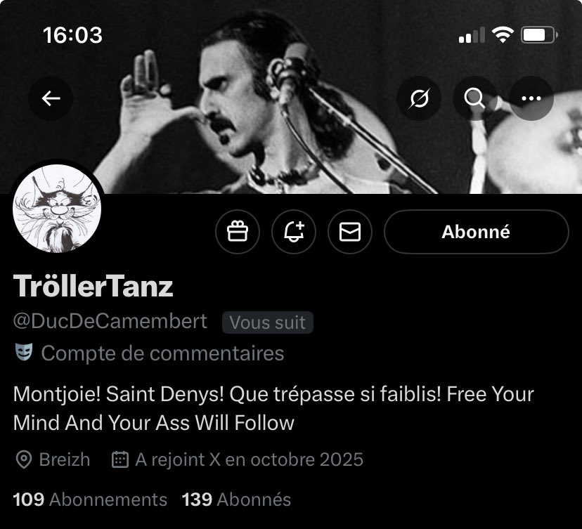 💙🤍❤️Sous son pseudo à la française,
se cache un esprit affûté et libre.

✦ <a href="/DucDeCamembert/">TröllerTanz</a> 🪤

Le troll devient art quand l’intelligence rencontre l’humour. 🎭🧀

À suivre sans modération sauf si vous manquez d’autodérision. 😉🍀

Merci d’avance pour vos contributions. 🌹