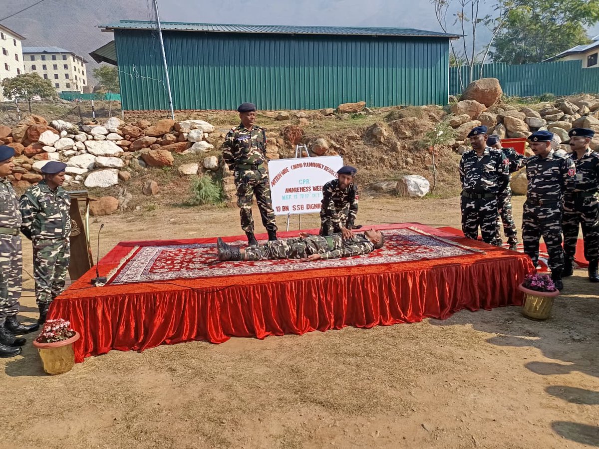 13BnSSB_INDIA's tweet photo. "Today, 13 Bn SSB Dignibal organised a nationwide Cardiopulmonary Resuscitation (CPR) pledge-taking ceremony and awareness session for Jawans reinforcing the commitment to save lives through timely action. 💓 #CPRDay #SaveLives @SSB_INDIA #CPRAwareness" https://t.co/TJwPSSDo6c