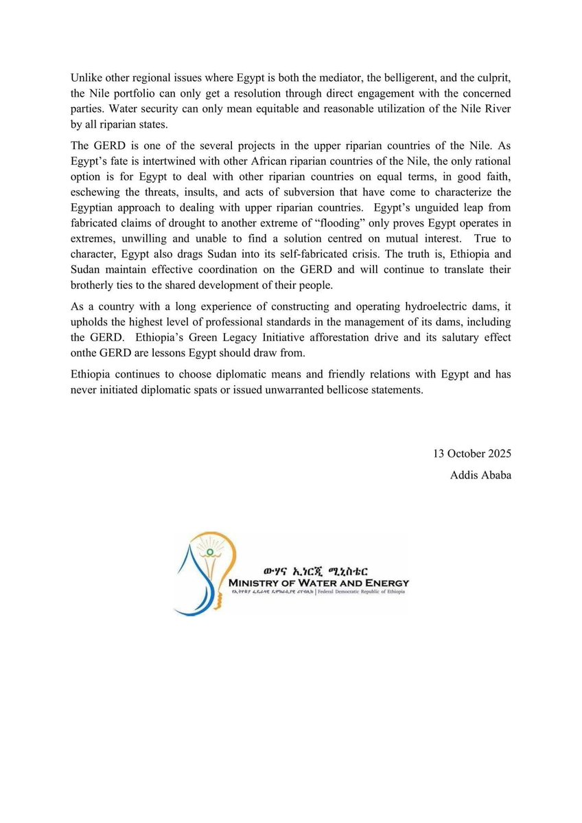 Ethiopia's MInistry of Water and Energy has issued a powerful response to Egyptian authorities, firmly rejecting Cairo's hostile rhetoric over the Nile River and GERD while championing equitable African solidarity and upstream rights. 

This statement exposes Egypt's outdated