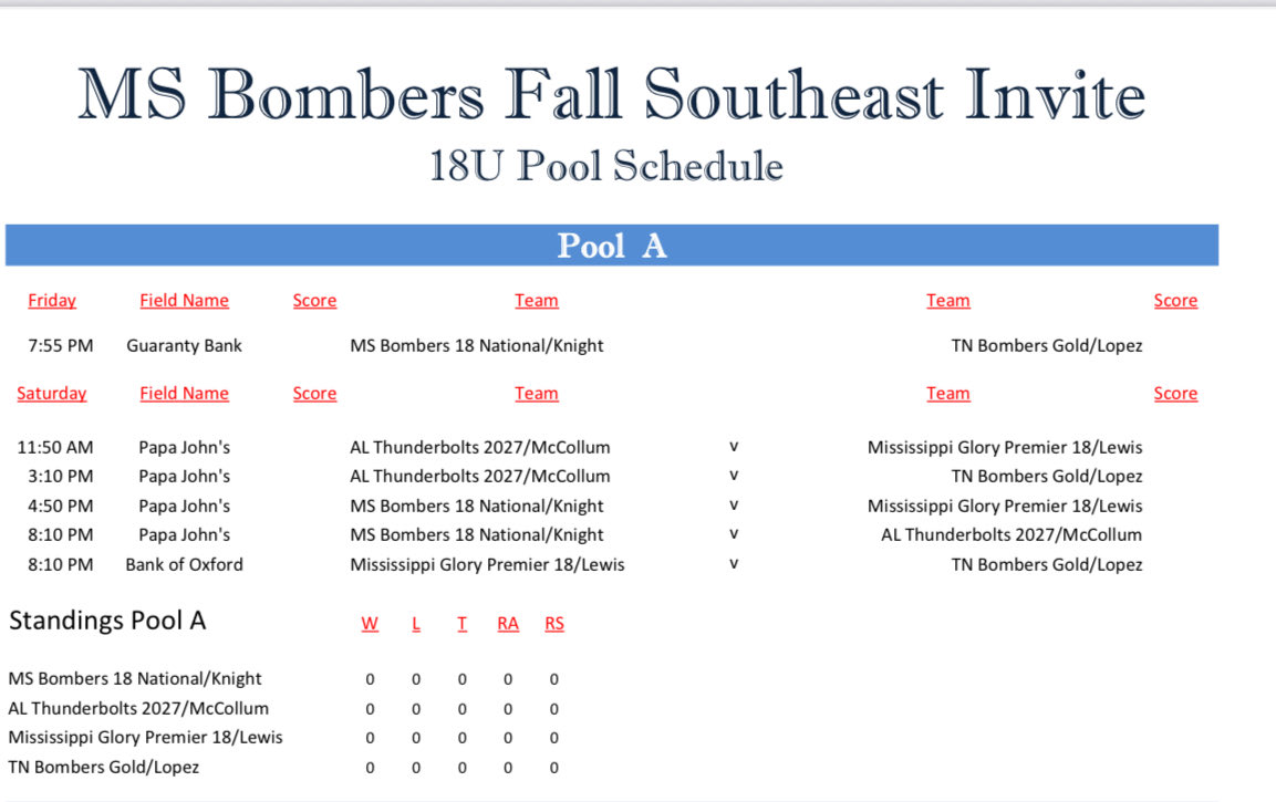 #SEI2025 Schedule Drop! MS Bombers 18 National/Knight will get this one going next Friday, October 24th at Mtrade Park in Oxford,MS….