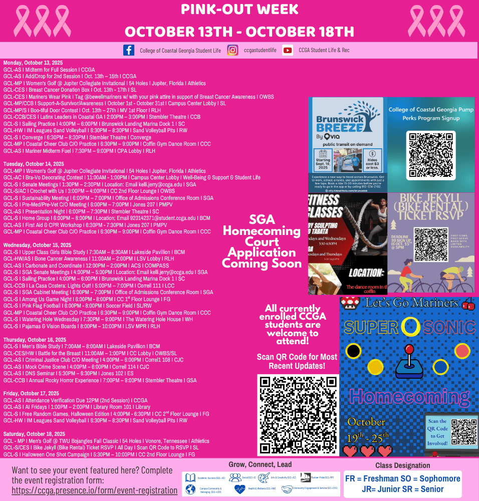 Happy #Monday, #Mariners! Check out this week's schedule of events and activities, put together just for you by College of Coastal Georgia Student Life! 🌊🩷

#CoastalGeorgia #HailTheSail