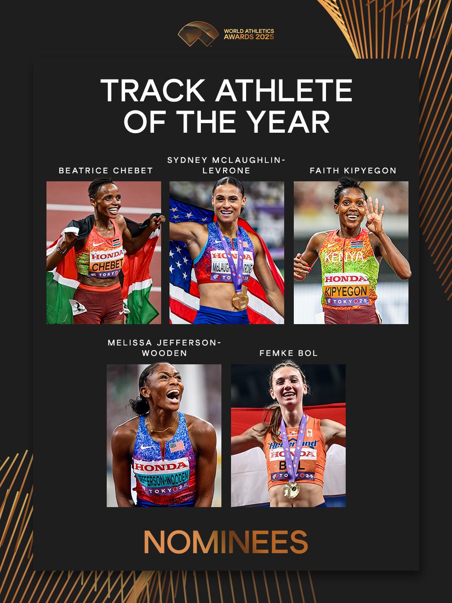 Nominees for World Athletics Track Female Athlete of the Year Award:

🇰🇪 Beatrice Chebet
- World 5000m Champion 🥇
- World 10000m Champion 🥇
- 5000m World Record
- 5000m World Leader (13:58.06)
- First woman to break 14 minutes in 5k history on track

🇺🇸 Sydney