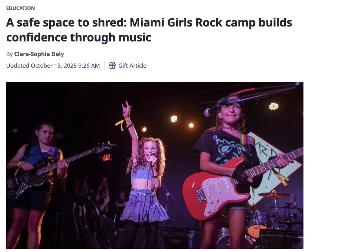 I had so much fun writing this story about Miami Girls Rock Camp, where kids fueled by sugar cookies and Dr. Pepper took over a Miami nightclub for their final performance! 

Here's a gift link! 

miamiherald.com/news/local/edu…