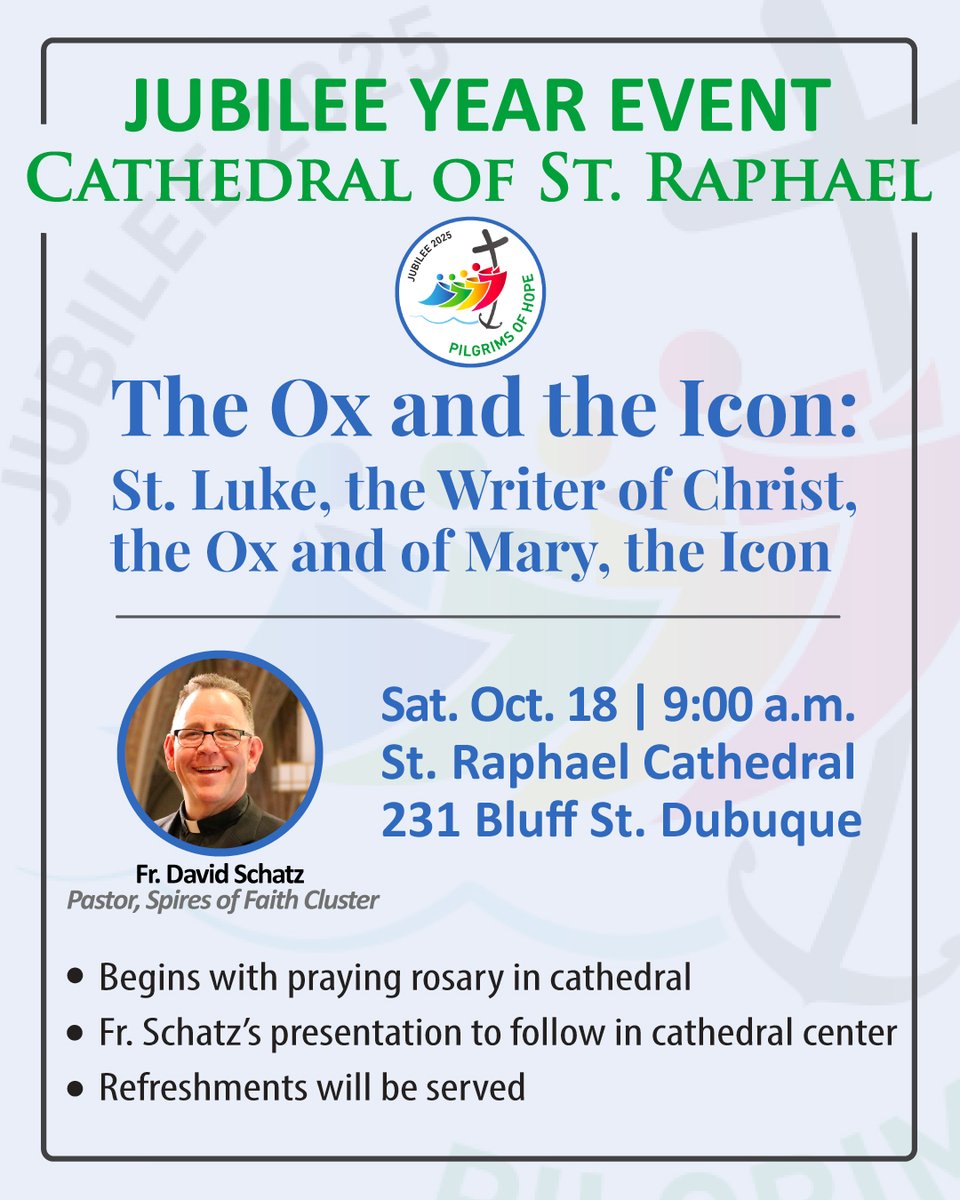 This Saturday morning, Father David Schatz, pastor of the Spires of Faith Cluster, will present “The Ox and the Icon: St. Luke, the Writer of Christ, the Ox and of Mary, the Icon” at the Cathedral of St. Raphael in Dubuque. All are welcome at this event! ⁣⁣