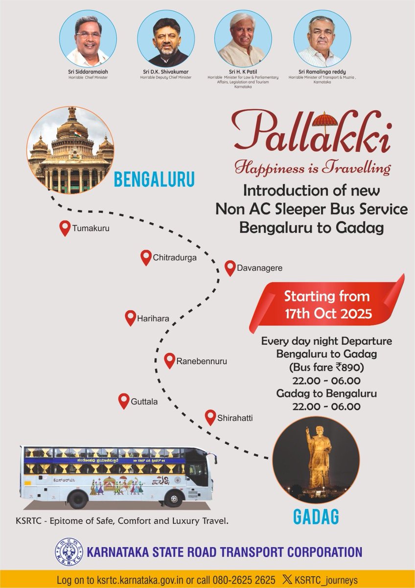 TheKannadiga_RF's tweet image. @KSRTC_Journeys is introducing a Bengaluru – Gadag Pallakki Non-AC Sleeper service starting 17th October.

Operated by Bengaluru Central Division Depot-1.

A huge win for commuters seeking better buses to North Karnataka from KSRTC.

Please make good use of this new service!