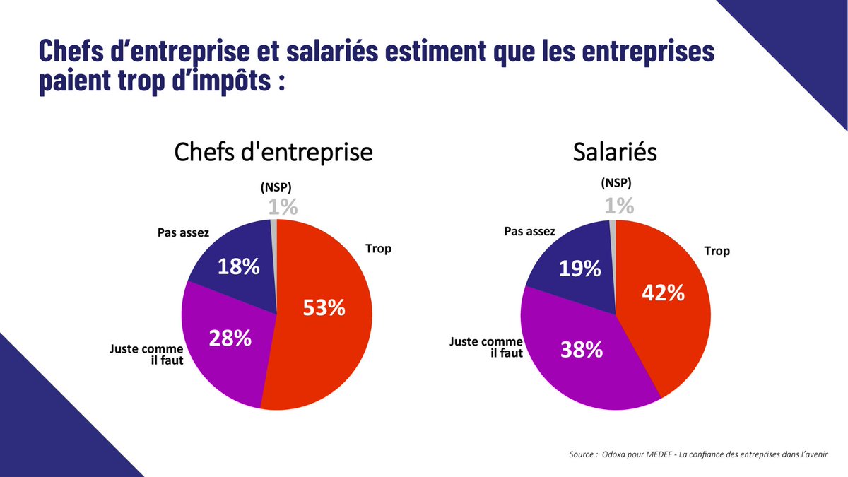 ▶️ 53% des chefs d’entreprise estiment que les entreprises paient trop d’impôts et 80% des salariés pensent que l’entreprise paie assez ou trop d’impôts.