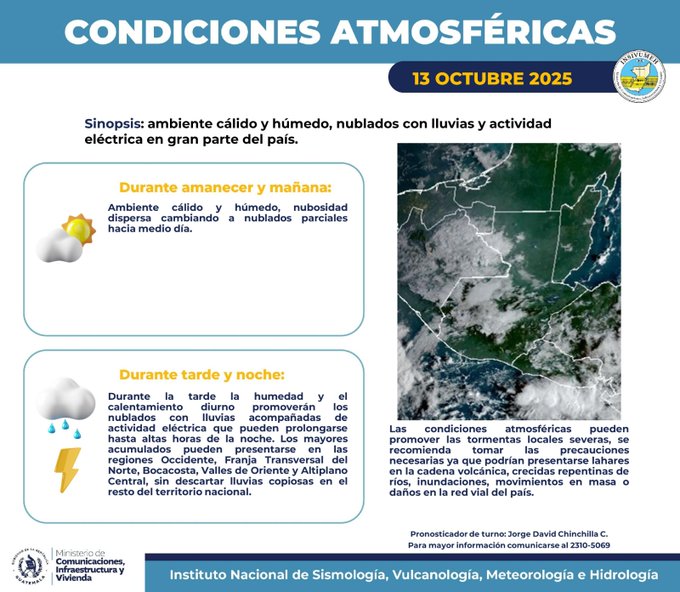 Infographic titled Condiciones AtmosfÃ©ricas for 13 Octubre 2025, divided into sections for afternoon and night weather. Afternoon section shows sunny icon with text describing hot and humid environment, scattered clouds, and isolated electrical activity in the north. Night section shows rainy cloud icon with text indicating cloudy skies, rains, and electrical activity, with heaviest accumulations in Occidente, Franja Transversal del Norte, Boca Costa, Valles de Oriente, and Altiplano Central. Includes logos of INSIVUMEH and CONRED at the bottom.