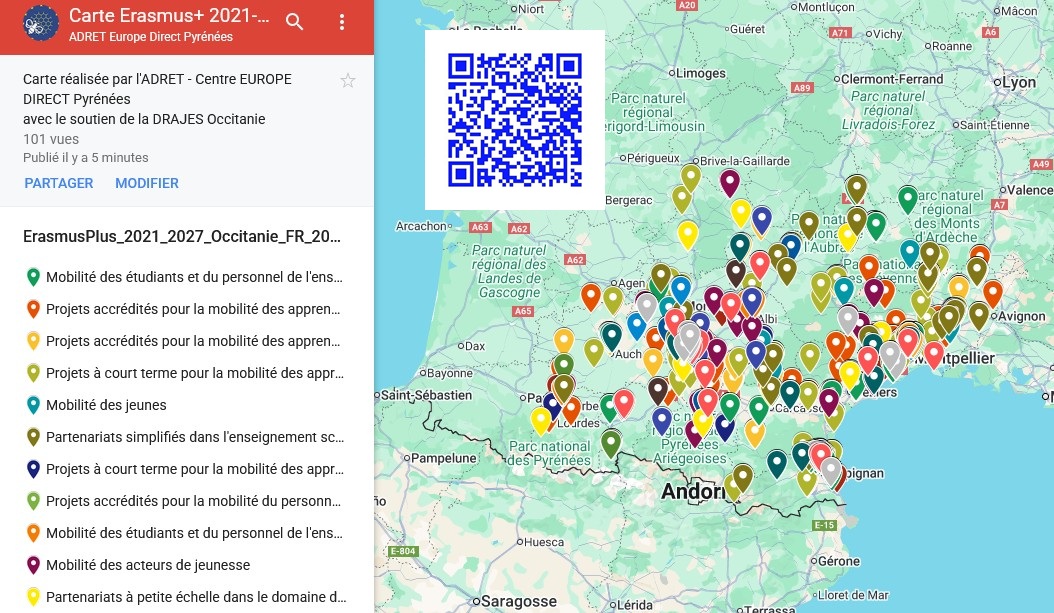 EuropeDirectPyr's tweet image. C'est parti pour les #ErasmusDays!
@EuropeDirectPyr a mis à jour, avec le soutien DRAJES Occitanie, la carte interactive des projets financés sur la période 2021-2027 par @EUErasmusPlus  Education &amp;amp; Formation et Jeunesse &amp;amp; Sport en @Occitanie  
google.com/maps/d/u/0/edi…