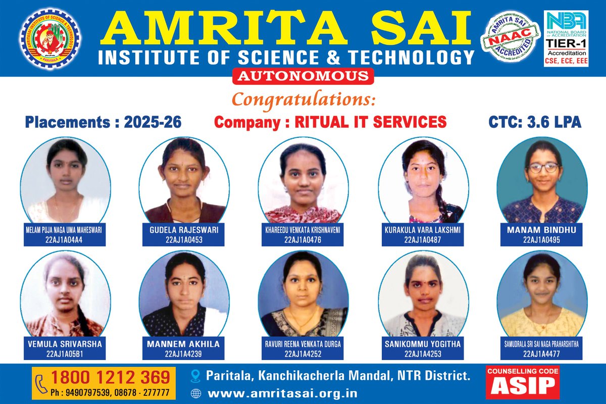 AMRITASAI_'s tweet image. At Amrita Sai Institute of Science &amp;amp; Technology, we don’t just educate, we empower. 
Our consistent placement success reflects our commitment to academic excellence, industry-aligned training, and holistic student development.

#AmritaSai #LeadersOfTomorrow #BeyondEngineering