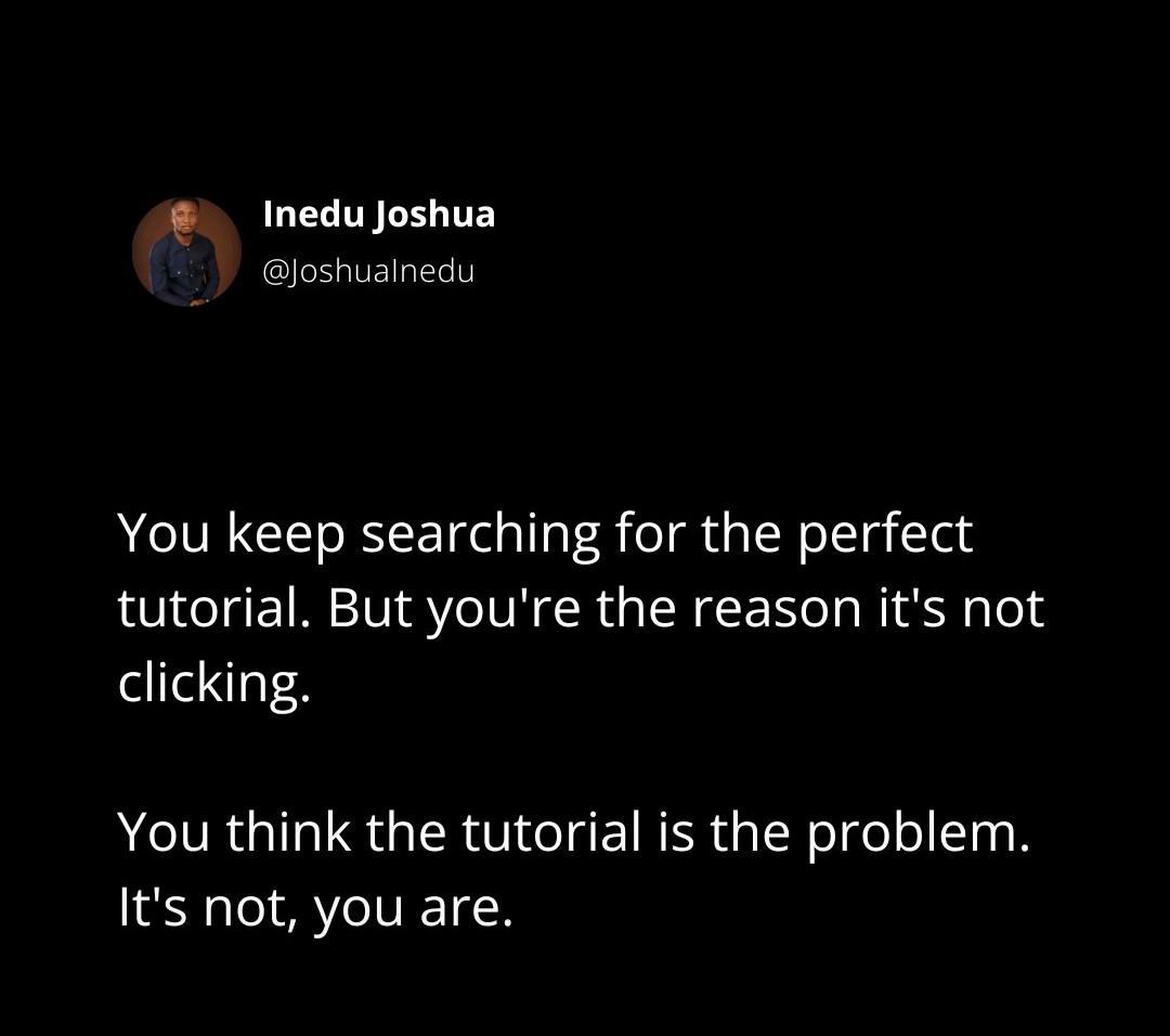 AloysiusDomini2's tweet image. "You keep searching for the perfect tutorial..."
Me: opens 47th "Ultimate React Guide"
Narrator: He was, in fact, the problem 😂
Stop tutorial hell. Start building broken stuff.
#CodeNewbie #TutorialHell #DevLife #LearningToCode
