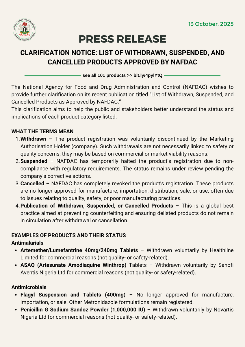 NafdacAgency's tweet photo. 📢 Clarification Notice: List of Withdrawn, Suspended, and Cancelled Products Approved by NAFDAC.

This notice provides further clarification on its recently published List of Withdrawn, Suspended, and Cancelled Products. The update explains each category and assures the public that many withdrawals were voluntary and unrelated to product quality or safety.

Read the full clarification ⬇️