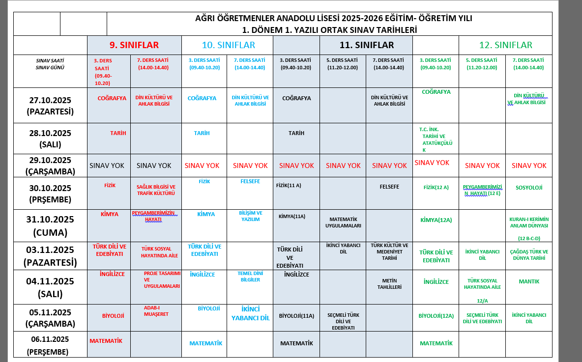 ÖĞRETMENLER ANADOLU LİSESİ 1.DÖNEM 1.SINAV TAKVİMİ