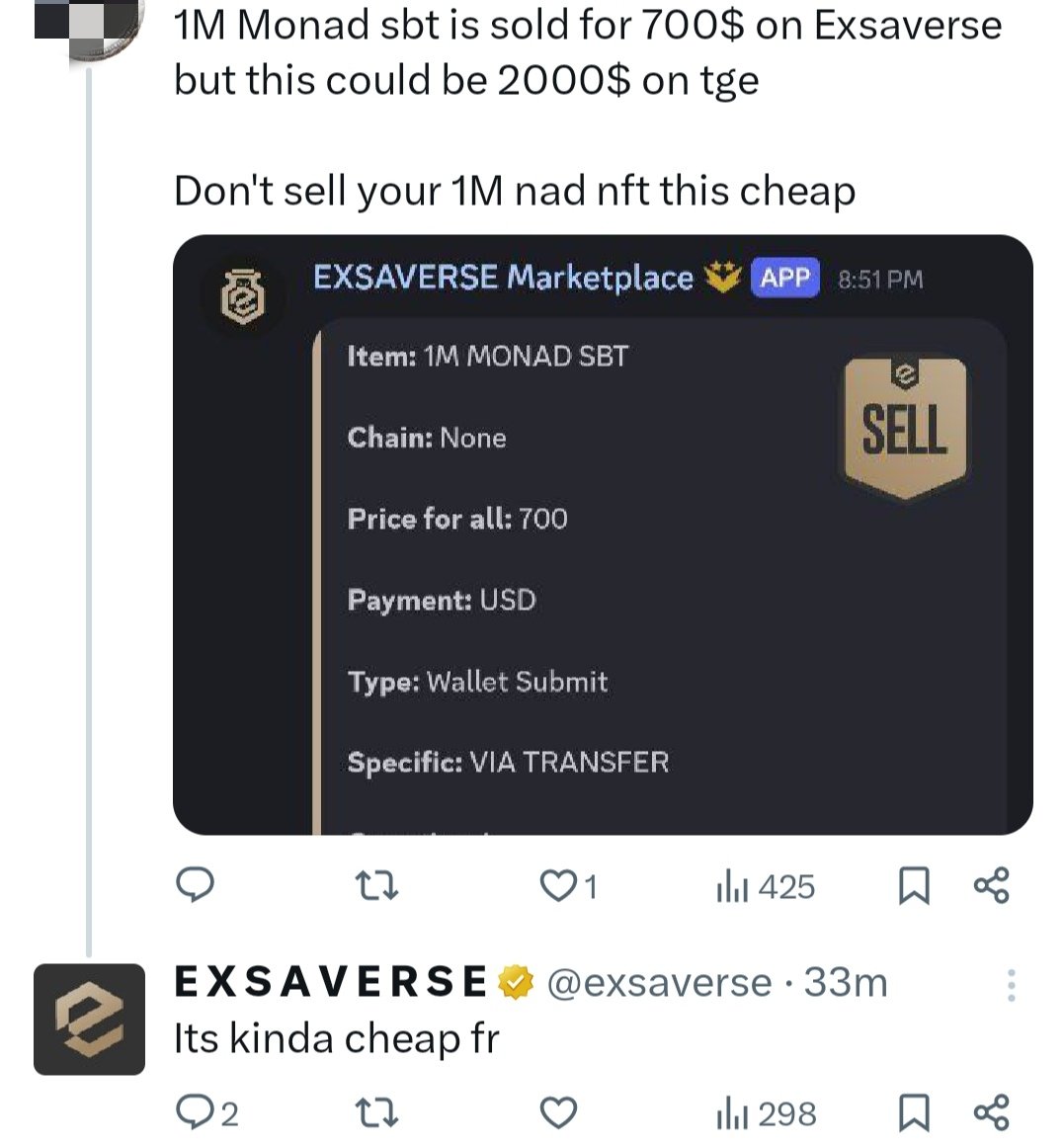 People here are so dumb sharing Exaverse listings as sales 😂

Monad's 1m sbt was never sold, lower your expectations...

And please, stop pouring gas on fire <a href="/exsaverse/">E X S A V E R S E</a>