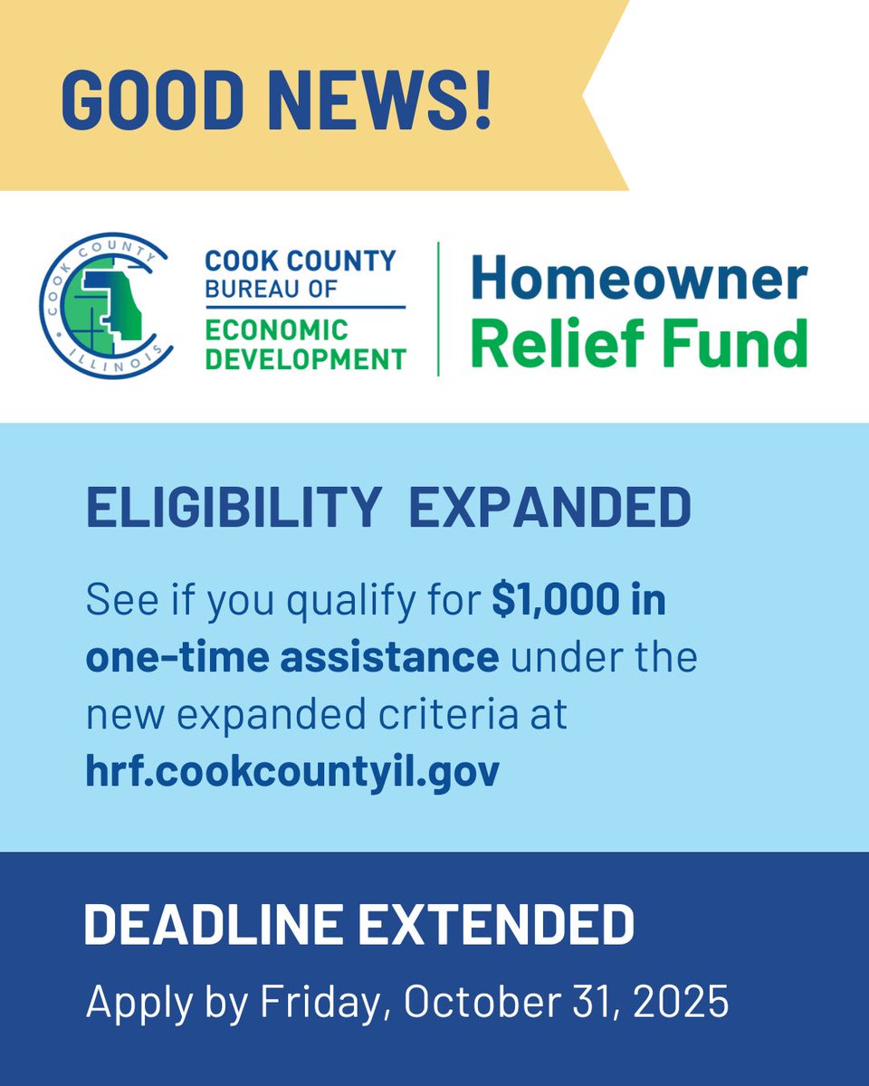 EdgebrookAssoc's tweet image. COOK COUNTY HOMEOWNER RELIEF FUND ALERT: Eligibility is EXPANDED and the deadline is EXTENDED! You may now qualify for a $1K payment if your property tax bill increased by 30% or more in '21, '22, or '23. New Deadline: 10/31/25. For more info visit: cookcountyil.gov/service/cook-c…