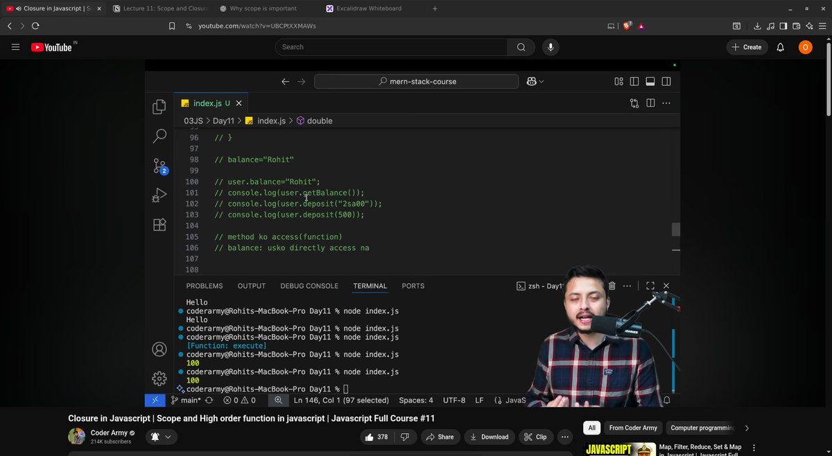 Aa_dityaa's tweet image. 🚀 Day 31 — JavaScript Journey

🪟 Scope: Global 🌍, Function 🧩, Block 🔒 — “One-Way Glass” rule 👀
🧠 Closures: Functions with memory 🎒 — secure Bank Account 💰
⚡ HOFs: Functions that take/return functions 🔁

@rohit_negi9 @adityatandon02 @CoderArmy 
#webdev