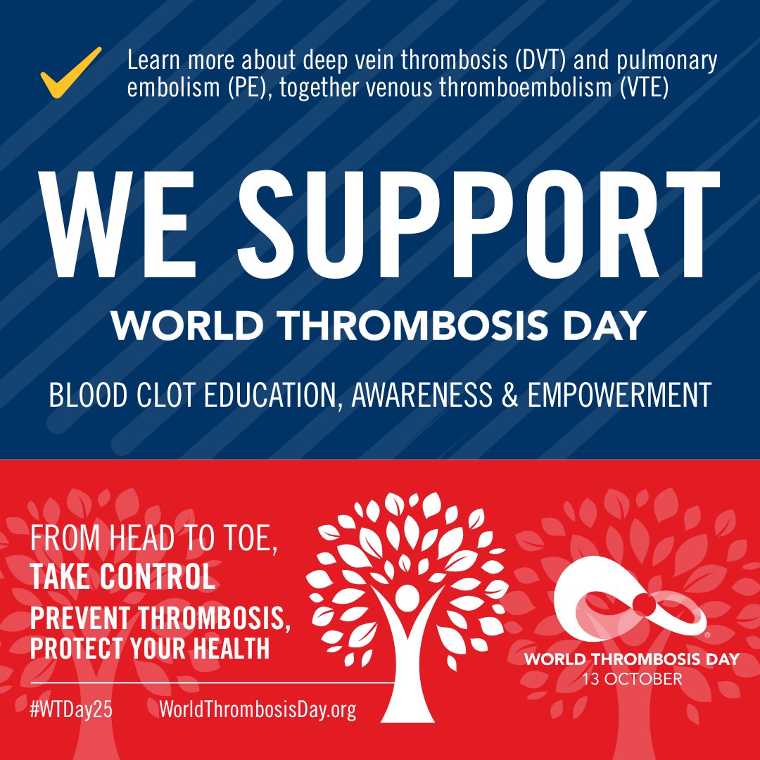 Today is #WorldThrombosisDay — a reminder that blood clots can affect anyone, anywhere.

Please share this image below to help spread the word about the risks, signs, symptoms and prevention of #bloodclots. We need all voices globally today!

worldthrombosisday.org

#WTDay25