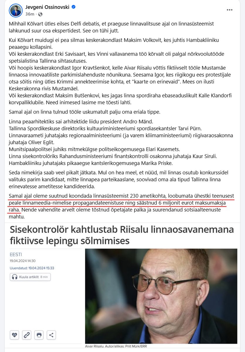 <a href="/KiislerSiim/">Siim Kiisler</a> Vastupidi, Tallinnas on viimase kahe aasta jooksul Ossinovski juhtimisel ellu viidud selline DOGE, mille kohta isegi Samost ütles et see on "muljetavaldav". Arusaadav, et parempoolsed erakonnad on kadedusest rohelised.