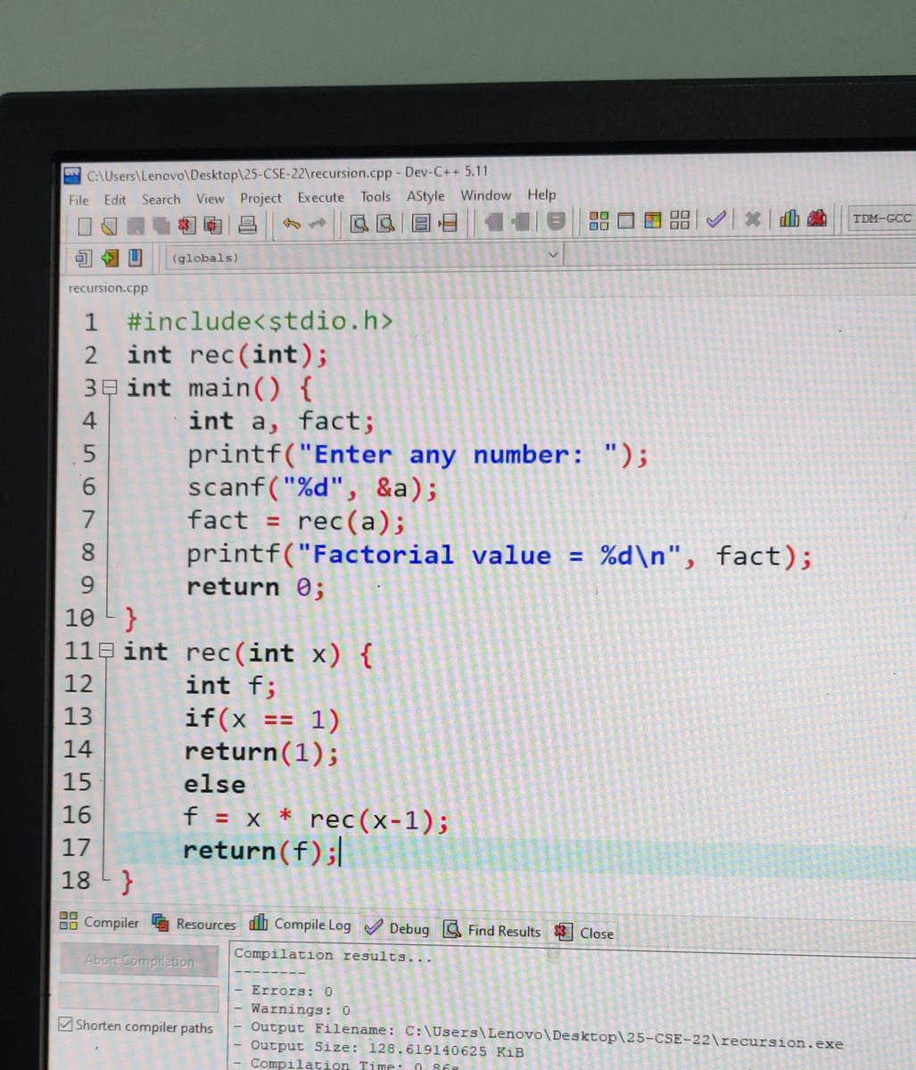 Vaishnavi_1101_'s tweet image. C programming 
Factorial by use of Recursion 
Topic :- Recursion