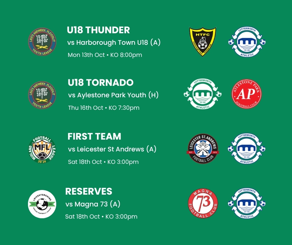 LUTTERWORTH ATHLETIC FC (@lutterworthafc) on Twitter photo πππ«π§π¨π₯ππ¦ π§πππ¦ πͺπππ
Mon 13th Oct - KO 8pm
β½ U18 Thunder: <a href="/HarbTownFC/">Harborough Town FC π</a> U18 ETP U17 (A)
Thu 16th Oct - KO 7:30pm
β½ U18 Tornado: <a href="/officialAPFC/">Aylestone Park FC</a> Youth U18 (H)
Sat 18th Oct - KO 3pm
β½ First Team: <a href="/Standrewsbar/">Leicester St Andrews FC</a> (A)
β½ Reserves: <a href="/Magna73FC/">Magna 73 FC</a> (A)
#UpTheAtho πππ«π§π¨π₯ππ¦ π§πππ¦ πͺπππ
Mon 13th Oct - KO 8pm
β½ U18 Thunder: <a href="/HarbTownFC/">Harborough Town FC π</a> U18 ETP U17 (A)
Thu 16th Oct - KO 7:30pm
β½ U18 Tornado: <a href="/officialAPFC/">Aylestone Park FC</a> Youth U18 (H)
Sat 18th Oct - KO 3pm
β½ First Team: <a href="/Standrewsbar/">Leicester St Andrews FC</a> (A)
β½ Reserves: <a href="/Magna73FC/">Magna 73 FC</a> (A)
#UpTheAtho