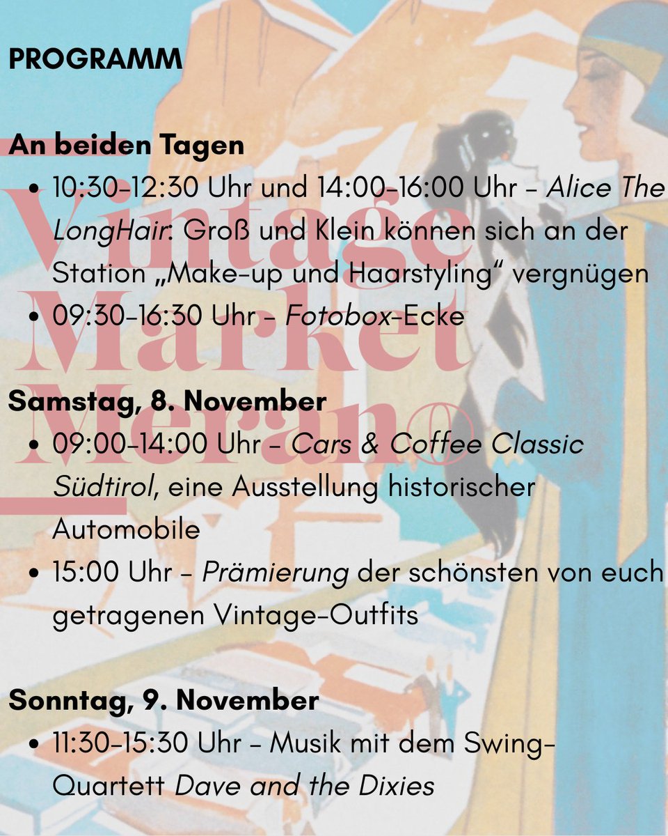 Touriseum's tweet image. Vintage Market Meran-o
🗓️ 8.–9. November/novembre
🕦 von/dalle 09:00 bis/alle 16:30 Uhr
📍 Schloss Trauttmansdorff, Touriseum
🎟️ Spätherbst-Ticket/biglietto di tardo autunno: €10 (kostenlos für unter 18-Jährige/gratis sotto i 18 anni) 
#touriseum #vintage #vintagemarket2025