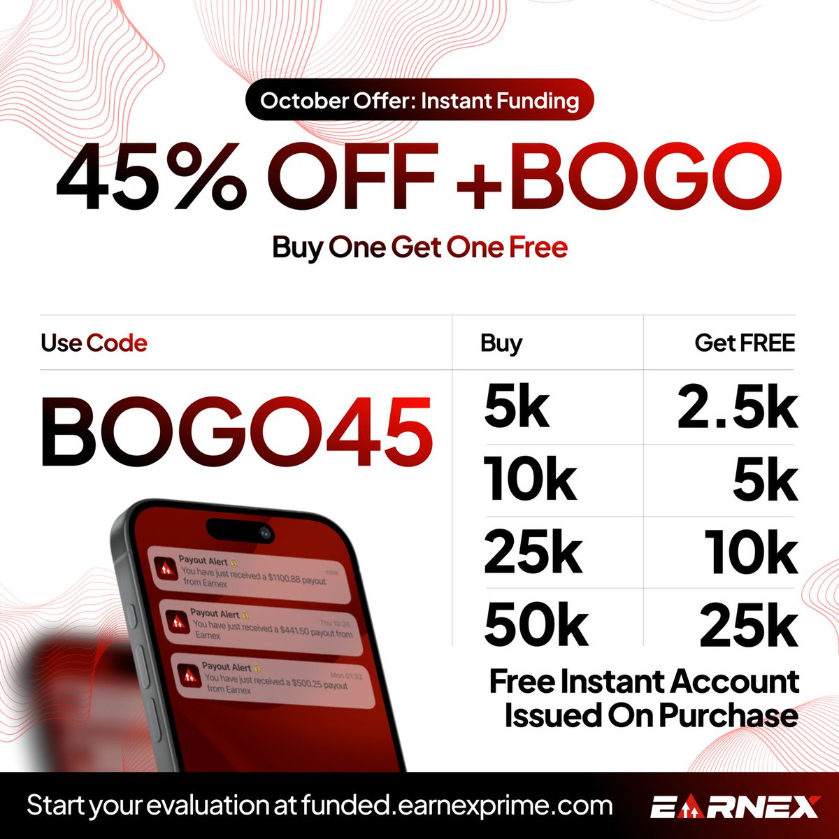 New Deal Just out! 🔥

 Buy One, Get  FREE  Instant Funding account. 

✅ Buy  any Account and receive another FREE — instantly.
✅ More opportunities, 
✅ Limited-time offer — don’t miss. 

🎟 Use code BOGO45 now 🎟

Unlock your trading potential with Earnex today!⚡