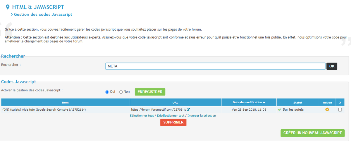 Pour faciliter un peu la gestion des codes JS sur les forums #Forumactif, nous avons ajouté la possibilité d'effectuer des recherches. En espérant que cela vous fasse gagner un peu de temps si vous utilisez la gestions des codes JS 😁