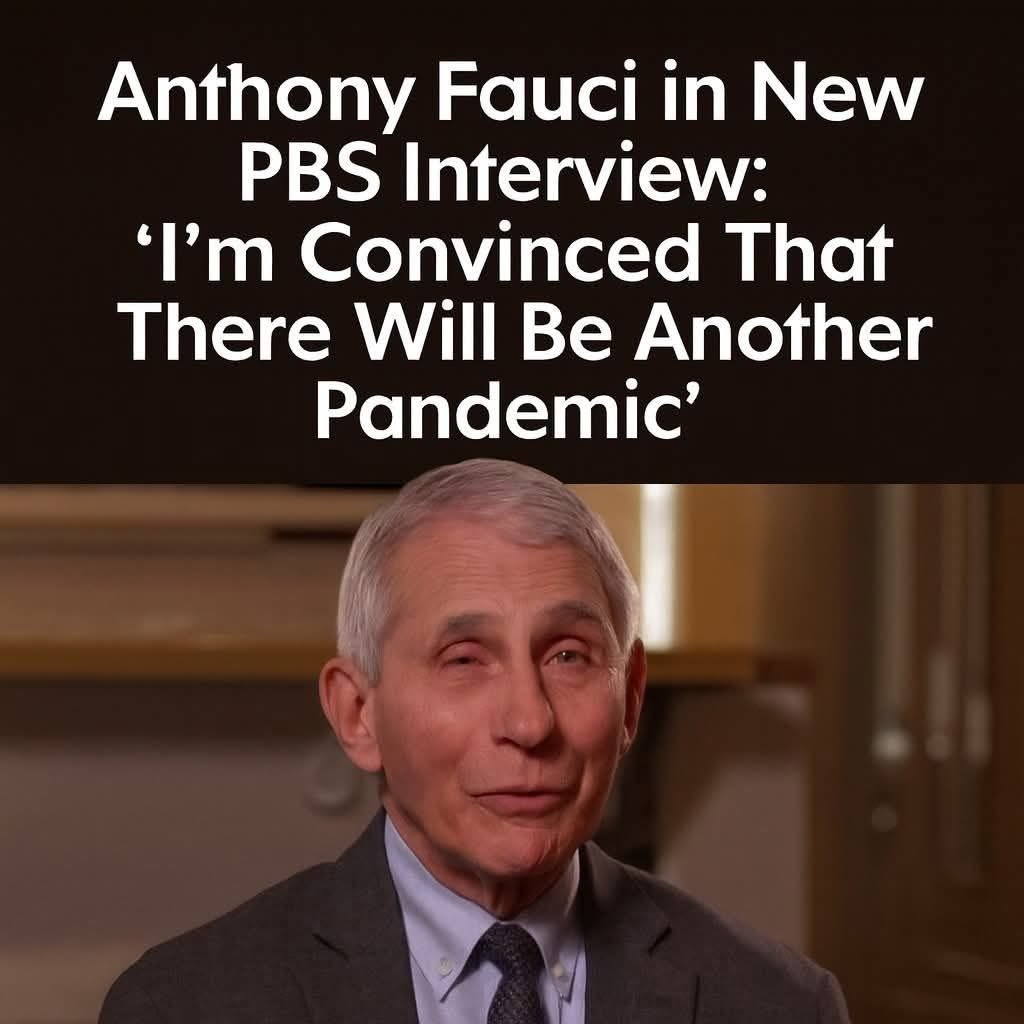 The image displays overlaid text on a dark background reading Anthony Fauci in PBS Interview: I am convinced that There will be Another Pandemic with repeated letters for emphasis. Below the text is a photo of an elderly man with white hair, glasses, and a serious expression, wearing a gray suit, blue shirt, and tie, seated in front of a window with light coming through.