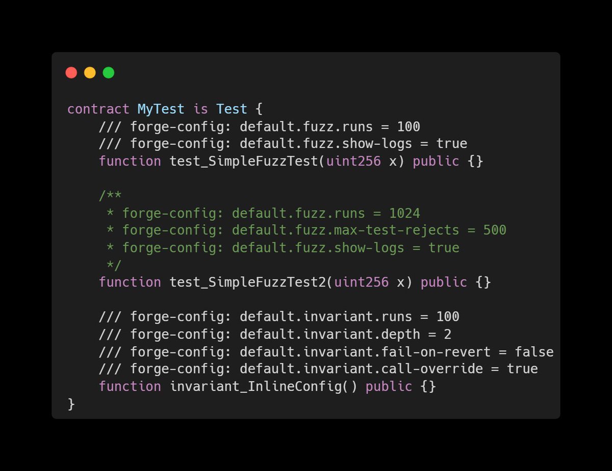 eth_fullstack's tweet image. little tip for fuzzing enjoyers:

you can customize your fuzzing/invariant config directly in the comments

@forkforkdog definitely vibing with this
