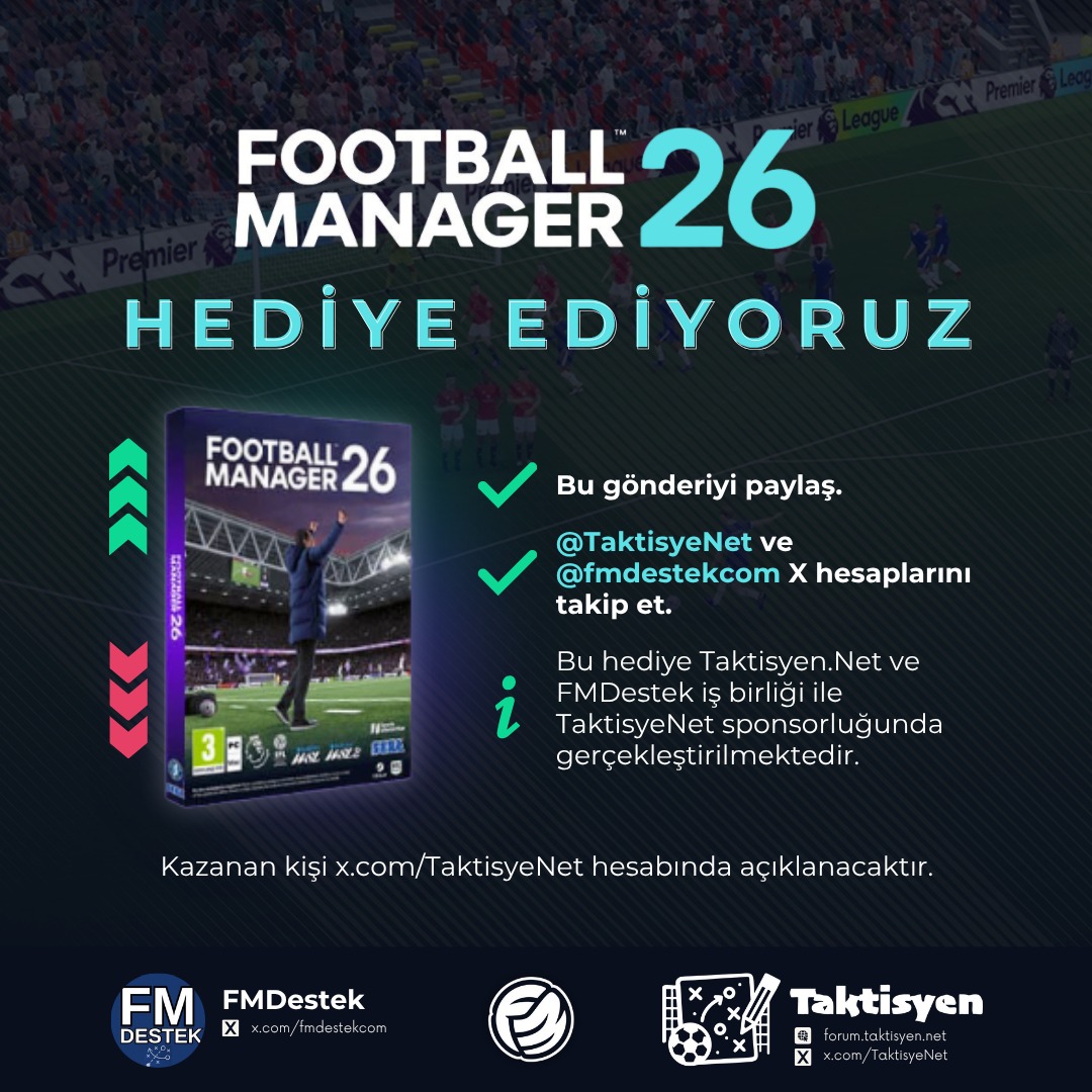 Bir FM hediyesi daha 🆘

✅ Gönderiyi RT yap.
✅ <a href="/TaktisyeNet/">Taktisyen.Net</a>  ve <a href="/fmdestekcom/">Football Manager Destek</a>  Hesaplarını takip et. 

Sonuç 19 Ekim Pazar günü X hesabımızdan açıklanacaktır.