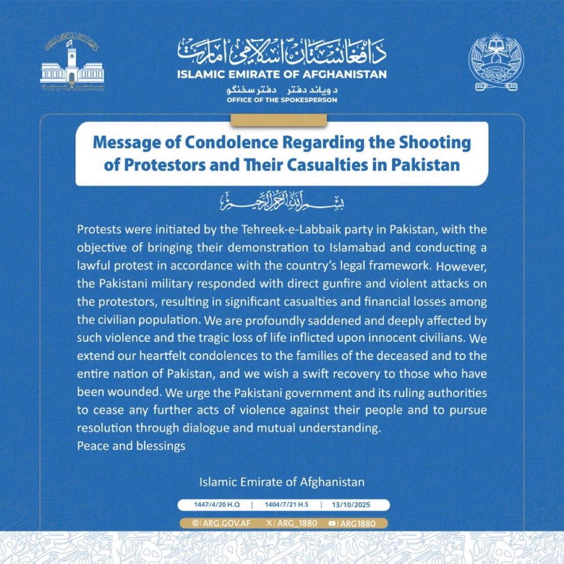 WarHorizon's tweet image. Afghan Taliban Govt issues strong statement on major violence across Pakistan by Pak Military against  civilian protestors. ‼️

Taliban says “Pakistani military responded with direct gunfire &amp;amp; violent attacks on the protestors, resulting in significant casualties”.