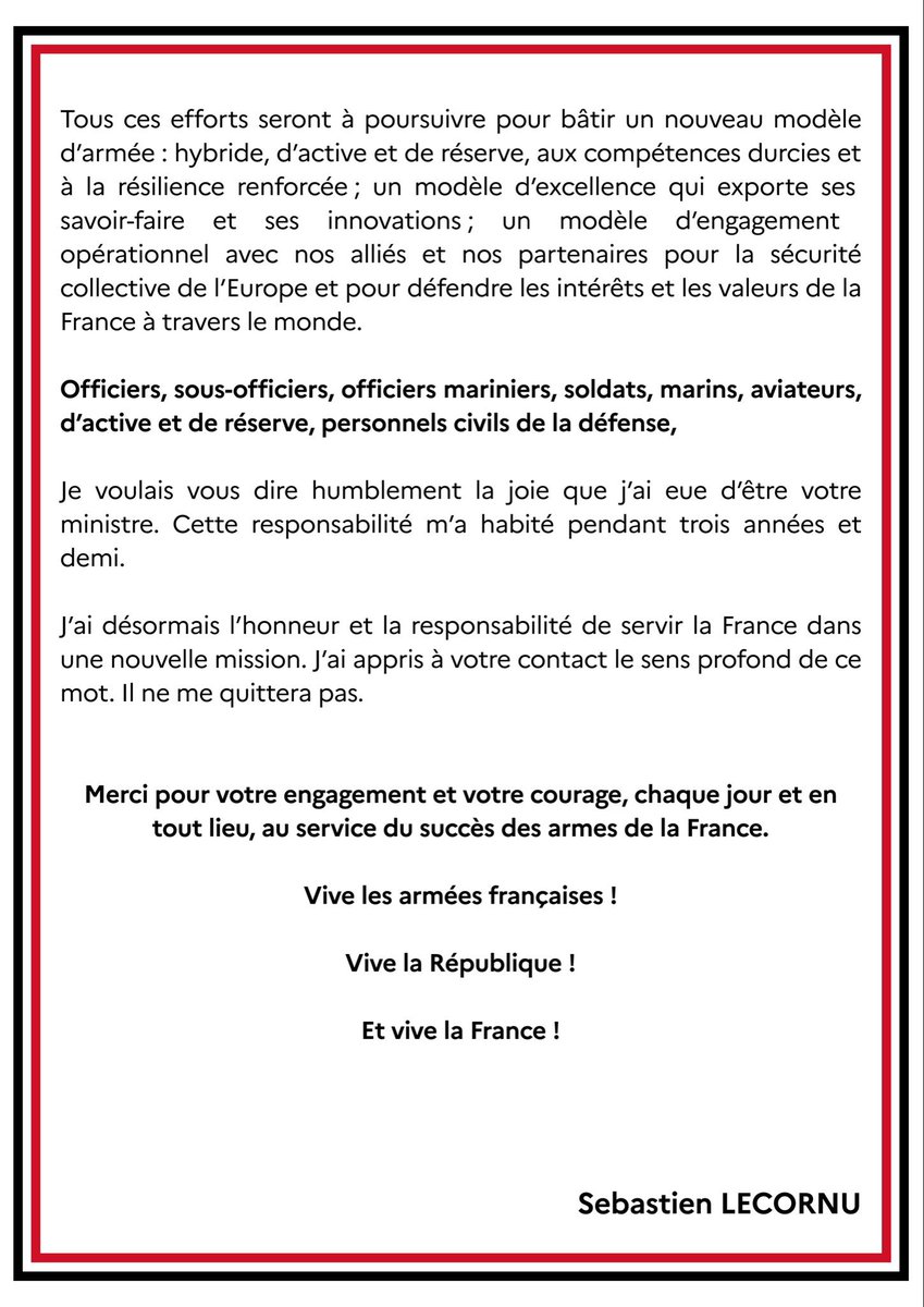 Armees_Gouv's tweet image. Message du Premier ministre @SebLecornu aux Armées.