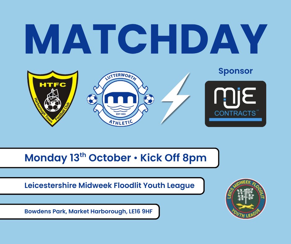 𝗠𝗔𝗧𝗖𝗛𝗗𝗔𝗬

U18 Thunder are on the road in league action this evening! 💪

⚽️ Leicestershire Midweek Floodlit Youth League
🆚 Harborough Town U18 ETP U17
🗓️ Monday 13th October
⏰ Kick Off 8pm
📍 Bowdens Park, LE16 9HF

Sponsor: MJE Contracts Ltd

#UpTheAtho