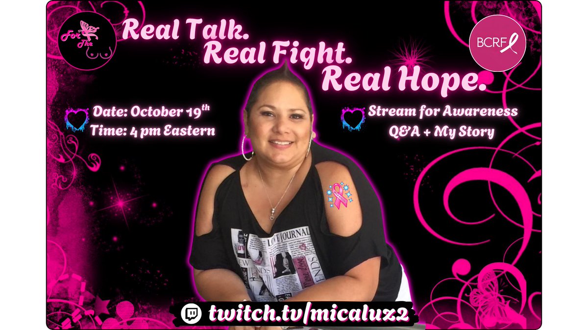 🎀 Ok it’s time:
 For Real Talk, Real Fight and Hope! Join me and Let’s chat about it all! The good, the Bad the Ugly. Feel free to retweet and spread the word. Thank you! 😊 
#advocate #BreastCancerAwareness  #pinkwarrior #streamer #fightlikeagirl