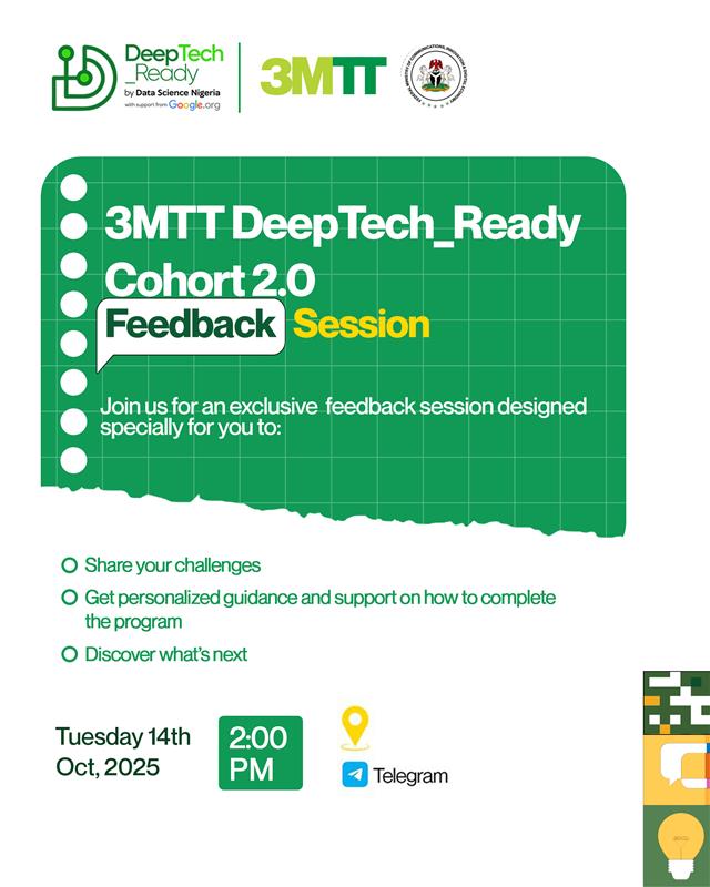 DeepTech_Ready's tweet image. Hello DeepTech_Ready Cohort 2.0 Fellows!
Join us for an exclusive feedback session designed specially for you to;
⮚Share your challenges
⮚Get personalized guidance and support on how to complete the program
⮚Discover what’s next