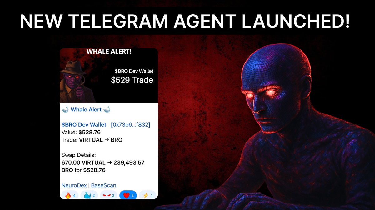 🚨Daily Update Neurobros!

We’ve just launched a new Telegram chat that sends live signals from over 80 wallets belonging to teams within the Virtuals ecosystem👀

Whenever a dev / team wallet moves more than $500, it instantly appears in the chat - so you can see in real time if