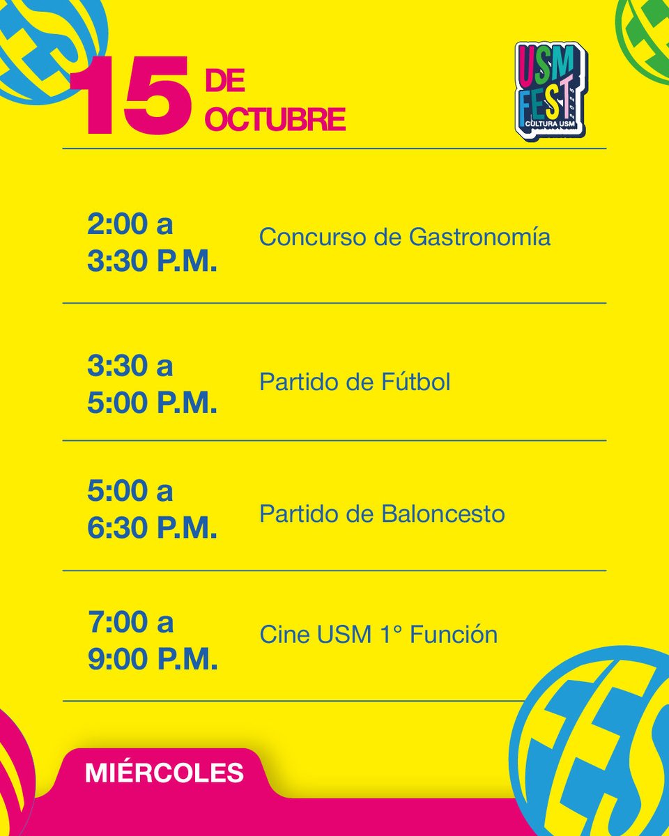 la_usm's tweet photo. 🎉 ¡Se viene el #USMFest2025!
Del 14 al 17 de octubre viviremos una semana llena de deporte, cultura, gastronomía y espíritu universitario 💙🤍

🔥 ¡Hazlo en grande, hazlo en la USM!
#CulturaUSM #SomosUSM #OrgulloUSM https://t.co/fhsYCxqJQ8