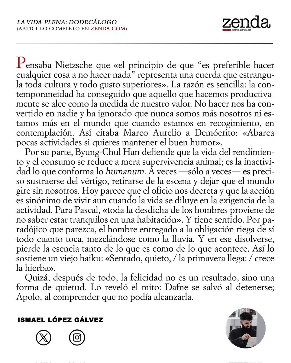 🌿 “Abarca pocas actividades si quieres mantener el buen humor”, aconsejaba Marco Aurelio.
<a href="/Ismaellg90/">Ismael López Gálvez</a>: La felicidad no siempre es un resultado, sino una forma de quietud. A veces —solo a veces— detenerse es salvarse. Dafne se salvó al detenerse; Apolo, al comprender que no podía